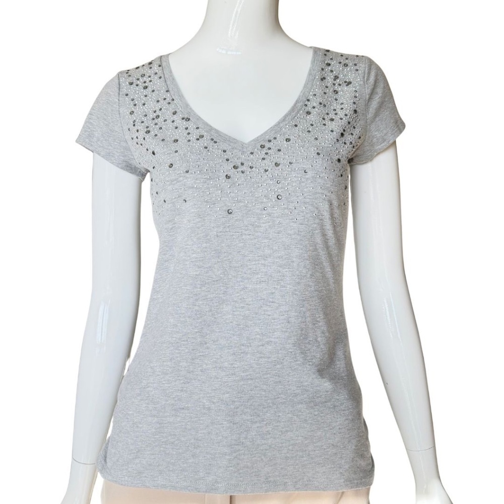 Cache Grey Rhinestone Studded Short Sleeve Tee With Ruched Sides Size Medium - Picture 2 of 7